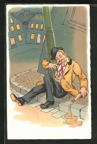 Lithographie Betrunker hängt an Strassenlaterne, Trinkerhumor