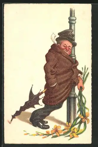 Künstler-AK Betrunkener hat seine Verabredung verschlafen