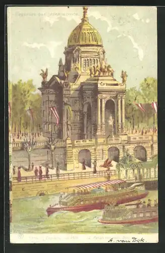 Lithographie Paris, Exposition de 1900, Palais des États-Unis, Halt gegen das Licht: Beleuchtete Terrasse