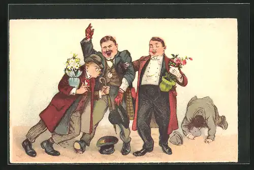 Künstler-AK Betrunkene Herren mit Blumen, Trinkerhumor