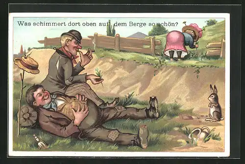 Lithographie Betrunkene Landstreicher beobachten Dame, Trinkerhumor