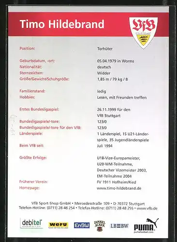 AK Torwart Timo Hildebrand vom VfB Stuttgart mit Autograph