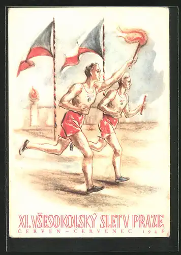 Künstler-AK Praze, XI. Vsesokolsky slet 1948, Sokol, Staffelläufer mit Fackel