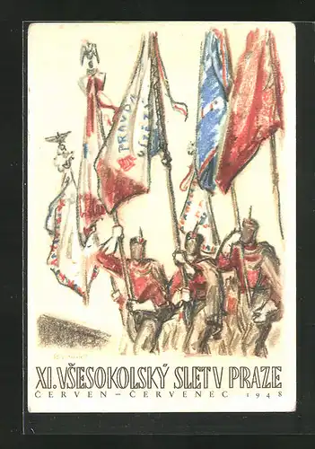 Künstler-AK Praze, XI. Vsesokolsky slet 1948, Sokol, Teilnehmer mit Standarten