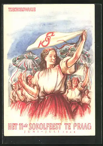 Künstler-AK Praag, Het 11de Sokolfeest 1948, Mädchen mit Tüchern