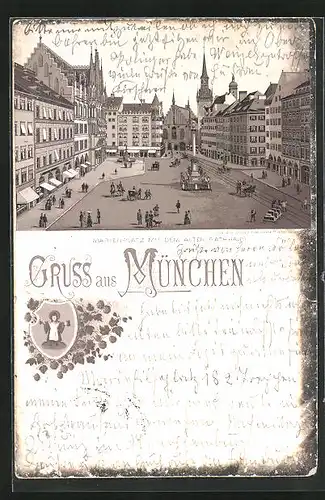 Lithographie München, Marienplatz mit dem alten Rathaus