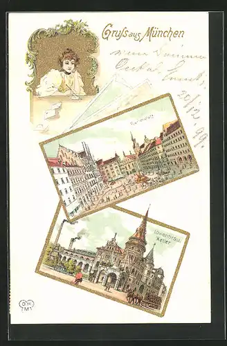 Lithographie München, Gasthof Löwenbräu-Keller, Marienplatz