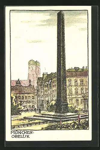 Steindruck-AK München, Obelisk mit Blick auf Frauenkirche