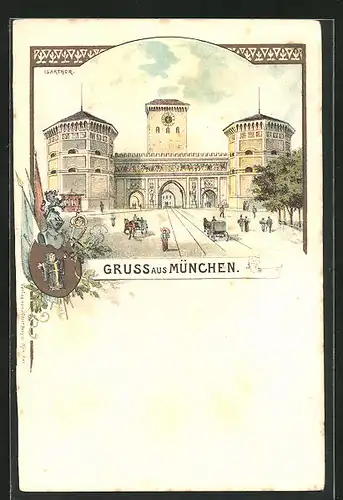 Lithographie München, Strassenpartie am Isarthor