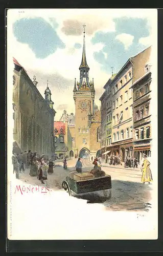 Lithographie München, Belebte Strassenpartie im Thal