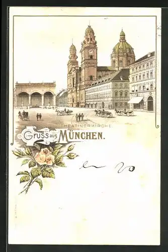 Vorläufer-Lithographie München, 1895, Blick zur Theatinerkirche