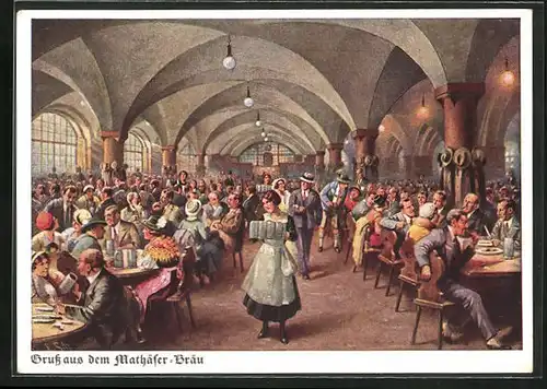 Künstler-AK München, Gasthaus Mathäser-Bräu, Innenansicht