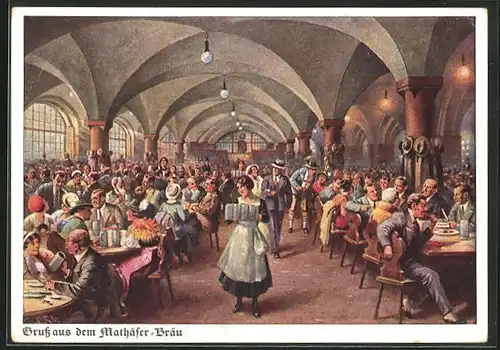 Künstler-AK München, Gasthaus Mathäser-Bräu, Innenansicht