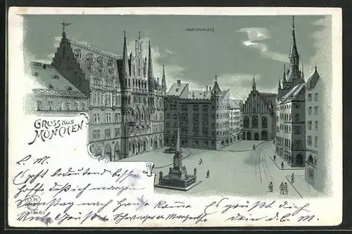 Mondschein-Lithographie München, Ansicht vom Marienplatz