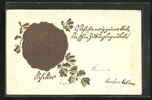 Präge-AK Portrait von Schiller auf einer Münze mit Blättern