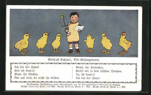 Künstler-AK Gertrud Caspari: Der Gesangsverein, Knabe singt mit Küken