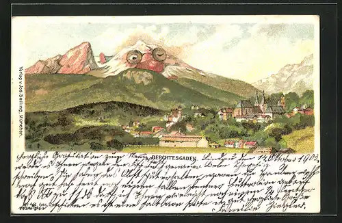 Lithographie Seiling Nr. 48: Berchtesgaden, Totalansicht mit Berg mit Gesicht / Berggesichter