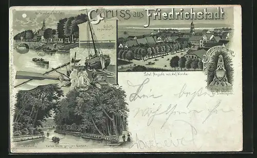 Mondschein-Lithographie Friedrichstadt, Schiffs-Reparatur, Grosser Garten, Ev. Kirche u. Schule