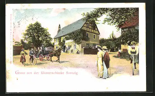 AK Sornzig, Gasthaus Klosterschänke mit Pferdewagen und Radfahrern