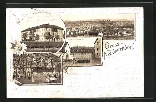 Vorläufer-Lithographie Neudietendorf, 1894, Gasthofs-Garten, Mädchen-Pensionat, Schwestern-Haus