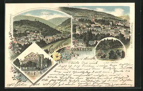 Lithographie Sonneberg, Schlossberg, Kaltwasser-Heilanstalt, Luther-Häuschen