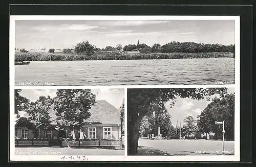 AK Teschendorf /Mark, Gasthof W. Bergemann, Am Kriegerdenkmal, Uferpartie