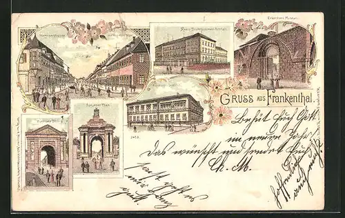 Lithographie Frankenthal, Kreis-Taubstummen-Anstalt, Karolinen-Institut, Speyerer Tor