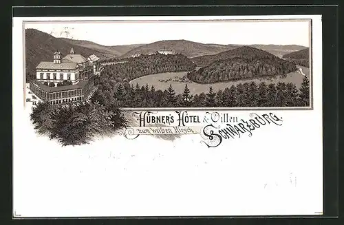 Lithographie Schwarzburg, Hübner`s Hôtel zum weissen Hirsch