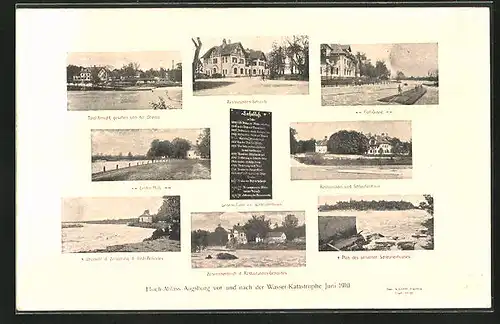 AK Augsburg, Hoch-Ablass vor und nach der Wasser-Katastrophe 1910, Restaurant & Schleussenhaus, Gedenk-Tafel, Floss-Gasse