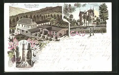 Lithographie Oybin, Forsthaus Hain, Pensionshaus Hütter, Hochwaldturm, Bahnpoststempel