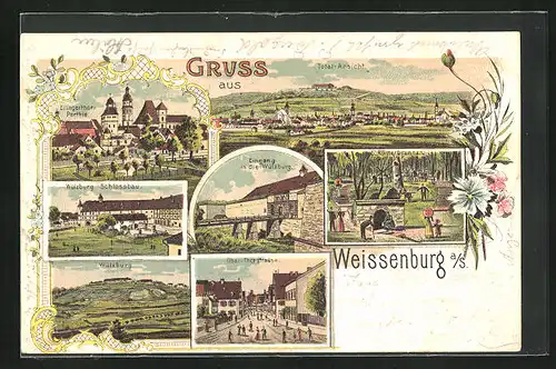 Lithographie Weissenburg a /S., Wülzburg Schlossbau, Ober-Torstrasse, Ellingertor-Partie