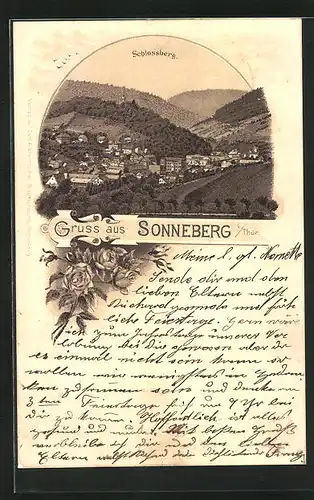 Lithographie Sonneberg /Thür., Totalansicht mit Schlossberg