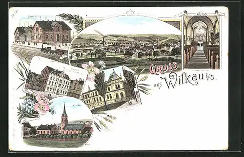 Lithographie Wilkau i. S., Gasthof Stadt Kirchberg, Bahnhof, Schule
