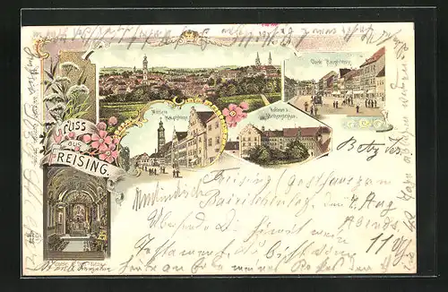 Lithographie Freising, Mittlere Hauptstrasse, Hofraum v. Weihenstephan, Inneres der Dom-Kirche