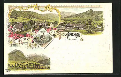 Lithographie Fischbachau, Wendelstein-Kirchlein, Panorama vom Sandbichl aus gesehen