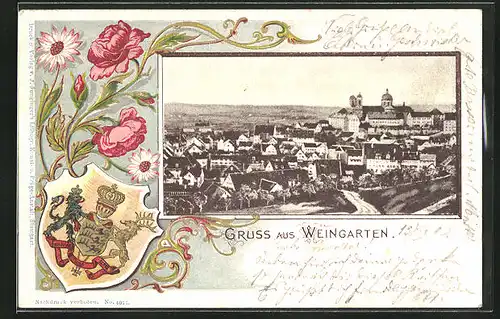 Passepartout-Lithographie Weingarten, Totalansicht der Stadt, Wappen