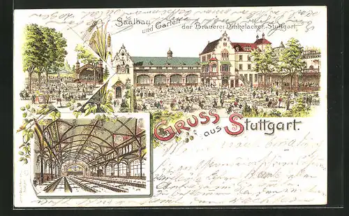 Lithographie Stuttgart, Gasthaus Saalbau und Garten der Brauerei Dinkelacker