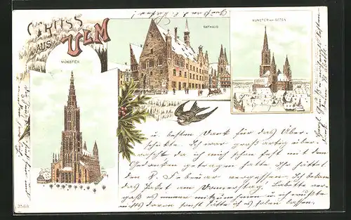Winter-Lithographie Ulm, Rathaus, Münster von Osten, Schwalbe