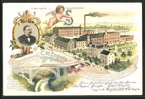 Lithographie Solingen, Engelswerk C. W. Engels, Grösste Stahlwaren-Versand-Geschäft, Kaiser Wilhelm-Brücke