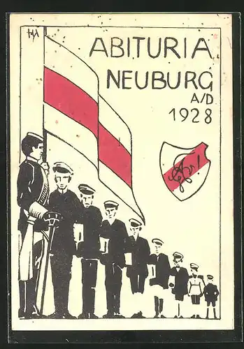 Künstler-AK Neuburg a. D., Abituria 1928, Absolvia, Studenten im vollem Schmiss