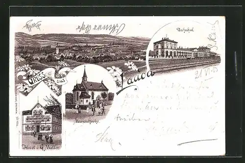 Lithographie Lauda, Bahnhof, Hotel Müller, Marienkirche, Ortsansicht