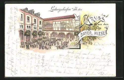 Lithographie Ludwigshafen / Rhein, Garten vom Gasthaus Bayerischer Hiesl