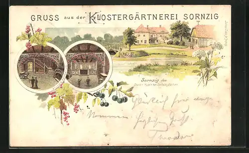 Lithographie Sornzig, Innen- und Aussenansicht der Klostergärtnerei