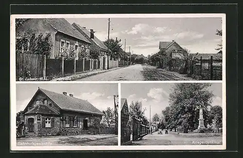 AK Gross Lubolz / N. L., Gasthaus zum Bahnhof, Kriegerdenkmal, Ortspartie mit Wohnhäusern