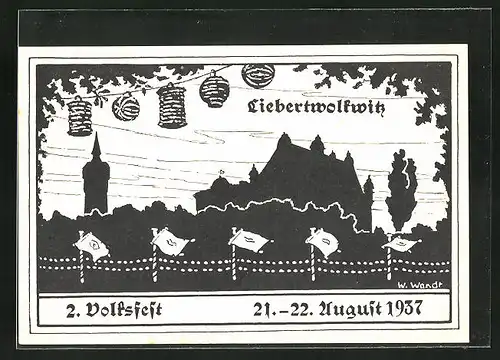 Künstler-AK Leipzig-Liebertwolkwitz, 2. Volksfest 1937, Silhouette vom Schloss und Wasserturm