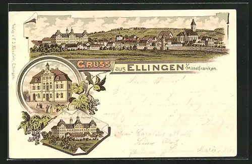 Lithographie Ellingen /Mittelfranken, Rathaus, Schloss, Ortsansicht