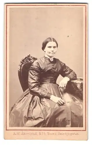 Fotografie A.W. Akerlind, Stockholm, Norra Smedjegatan 5, Portrait Frau im reifrock Kleid mit Brosche