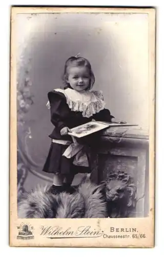 Fotografie Wilhelm Stein, Berlin, Chausseestrasse 65-66, Portrait hübsch gekleidetes Mädchen mit Bilderbuch