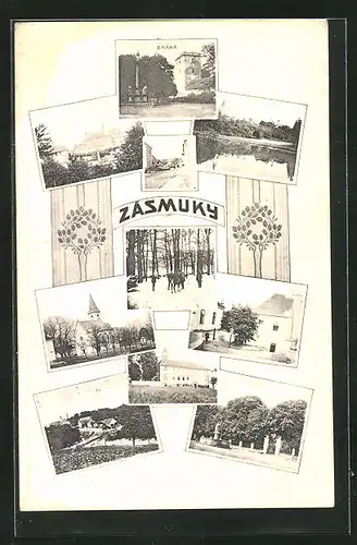 AK Zasmuky, Denkmal, Kirche, Ortspartie