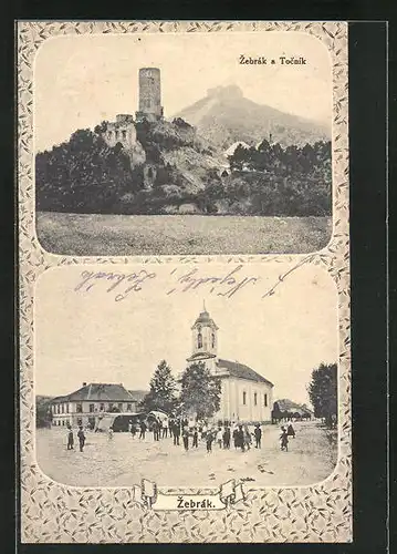 AK Zebrák, Ruine, Kirche mit Vorplatz